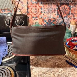 Vintage old Coach nylon canvas shoulder bag 6136 black x brown leather trim.